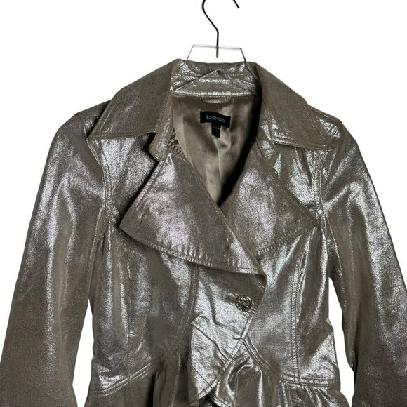 Bebe Women’s Size Small Vintage Y2K Light Gold Leather Peplum Jacket Ruffle Hem - Picture 4 of 9